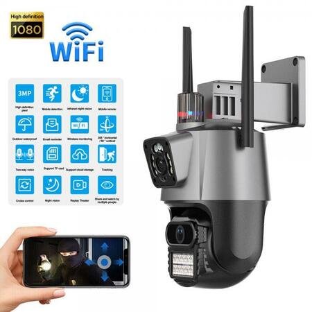 Cameră IP dublă PTZ Antenă dublă Color Viziune nocturnă WIFI ICSEE ULTRA HD Model P11