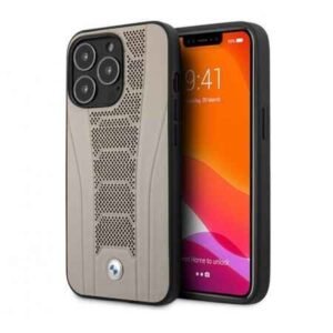 Husă color BMW cu emblemă metalică pentru iPhone 13 Pro - bej