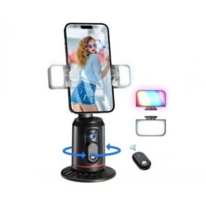 Suport de telefon cu urmărire automată a feței, suport pentru cameră cu rotație la 360°, telecomandă și lumină pentru streaming video live
