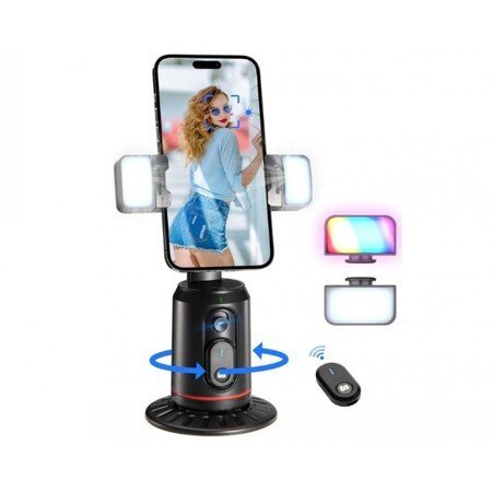 Suport de telefon cu urmărire automată a feței, suport pentru cameră cu rotație la 360°, telecomandă și lumină pentru streaming video live