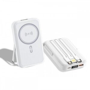 NJ23 PD Magsafe 22.5W cu indicator LED (NEGRU), 2 cabluri USB-C și Lightning, încărcare wireless de 5.000 mAh.