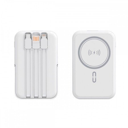 NJ23 PD Magsafe 22.5W cu indicator LED (NEGRU), 2 cabluri USB-C și Lightning, încărcare wireless de 5.000 mAh.