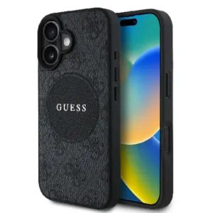 Оригинален кейс Guess MagSafe PU 4G Circle с Classic Logo за iPhone 16 - Черен