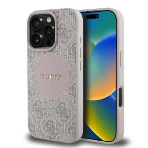 Оригинален кейс Guess MagSafe PU 4G Circle с Classic Logo за iPhone 16 Pro - Розов