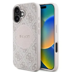 Husă originală Guess MagSafe PU 4G Circle cu logo clasic pentru iPhone 16 - Roz
