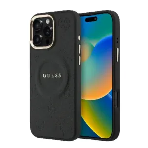 Оригинален кейс Guess MagSafe PU с Peony Hot Stamp за iPhone 16 Pro Max - Черен