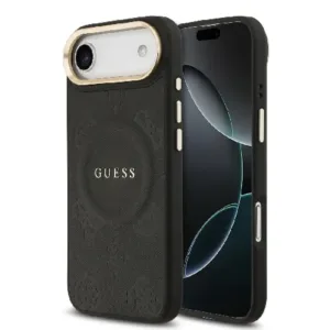 Оригинален кейс Guess MagSafe PU с Peony Hot Stamp за iPhone 17 Air - Черен