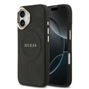 Carcasă originală Guess MagSafe PU cu ștampilare la cald cu bujor pentru iPhone 17 - Neagră