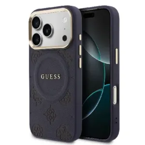 Оригинален кейс Guess MagSafe PU с Peony Hot Stamp за iPhone 17 Pro - Син