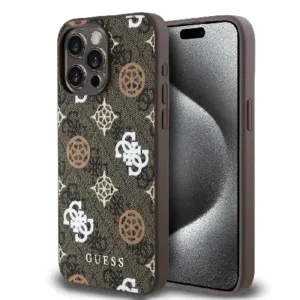 Оригинален кейс Guess за iPhone 15 Pro MagSafe - PU Peony on 4G Background - Кафяв