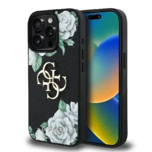 Оригинален кейс Guess за iPhone 15 Pro Max - Grained PU Roses and Big 4G Logo - Черен