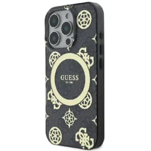 Оригинален кейс Guess за iPhone 15 Pro Max MagSafe - IML Peony on 4G Background - Черен