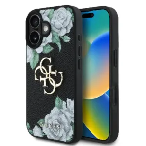Оригинален кейс Guess за iPhone 16 - Grained PU Roses and Big 4G Logo - Черен
