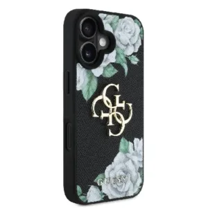 Оригинален кейс Guess за iPhone 16 - Grained PU Roses and Big 4G Logo - Черен - imagine 4