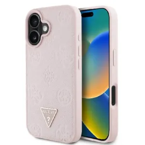 Оригинален кейс Guess за iPhone 16 MagSafe - Grained PU Hot Stamp Peony Triangle - Розов