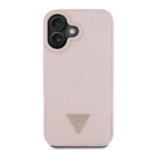 Оригинален кейс Guess за iPhone 16 MagSafe - Grained PU Hot Stamp Peony Triangle - Розов - imagine 3