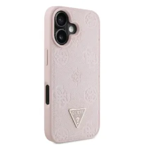 Оригинален кейс Guess за iPhone 16 MagSafe - Grained PU Hot Stamp Peony Triangle - Розов - imagine 4