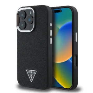 Оригинален кейс Guess за iPhone 16 Pro MagSafe - Grained PU Triangle Logo - Черен